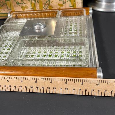 Lot 228: Vintage Entertaining Lot - Kromex Ice Bucket, Soda King Seltzer Bottle, Inland Glass Coffee Carafe, Condiment Tray