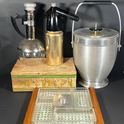 Lot 228: Vintage Entertaining Lot - Kromex Ice Bucket, Soda King Seltzer Bottle, Inland Glass Coffee Carafe, Condiment Tray