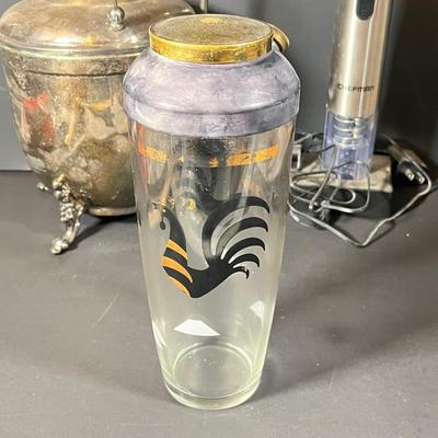 Lot 229: Vintage Cocktail Lot - Silverplate Ice Bucket, MCM Rooster Cocktail Shaker, Bitters Bottles and More