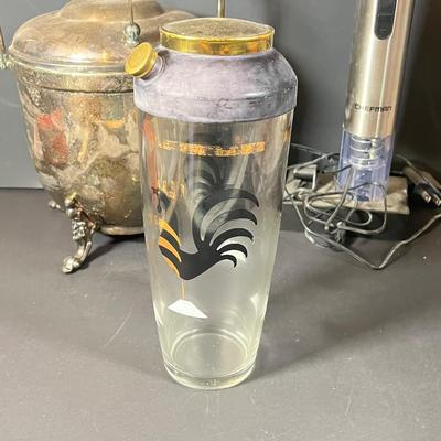 Lot 229: Vintage Cocktail Lot - Silverplate Ice Bucket, MCM Rooster Cocktail Shaker, Bitters Bottles and More