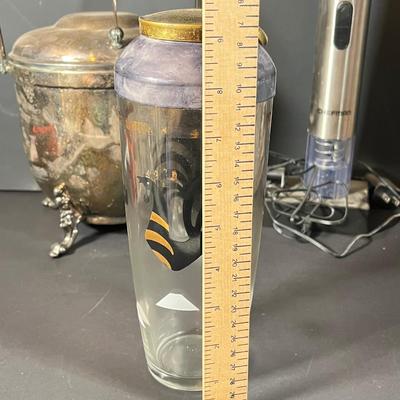 Lot 229: Vintage Cocktail Lot - Silverplate Ice Bucket, MCM Rooster Cocktail Shaker, Bitters Bottles and More