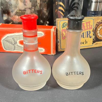 Lot 229: Vintage Cocktail Lot - Silverplate Ice Bucket, MCM Rooster Cocktail Shaker, Bitters Bottles and More