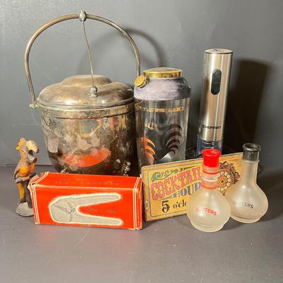 Lot 229: Vintage Cocktail Lot - Silverplate Ice Bucket, MCM Rooster Cocktail Shaker, Bitters Bottles and More