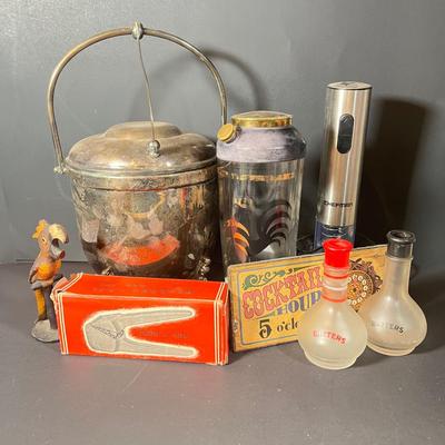 Lot 229: Vintage Cocktail Lot - Silverplate Ice Bucket, MCM Rooster Cocktail Shaker, Bitters Bottles and More