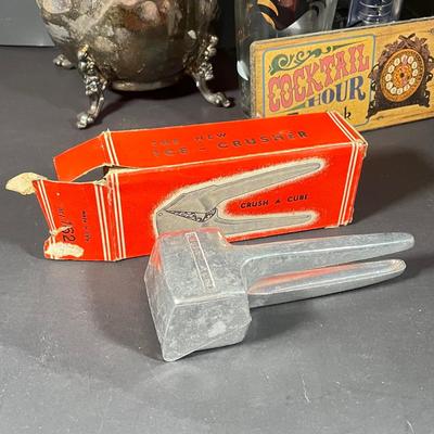 Lot 229: Vintage Cocktail Lot - Silverplate Ice Bucket, MCM Rooster Cocktail Shaker, Bitters Bottles and More