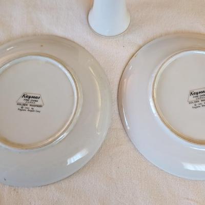 Some beautiful hand painted plates, salt and pepper shakers,