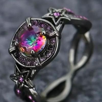 DAT - Size 7 - Fashion Black Alloy Ring with Purple Synthetic Cubic Zirconia