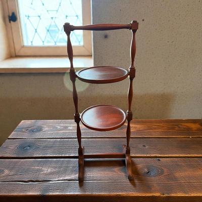 Sale Photo Thumbnail #796: Vintage Two Tier Mahogany Cake Stand.  Approximately 29" tall