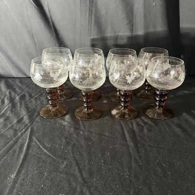Eight Etched Goblets with Amber Bases (LR-MG)