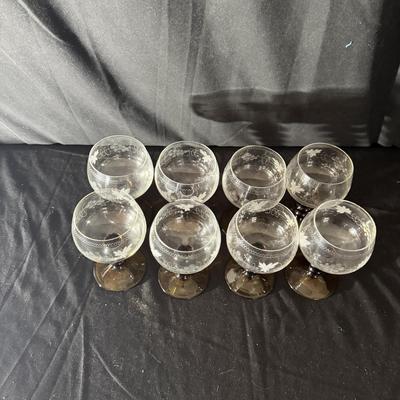 Eight Etched Goblets with Amber Bases (LR-MG)