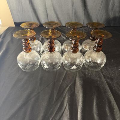 Eight Etched Goblets with Amber Bases (LR-MG)