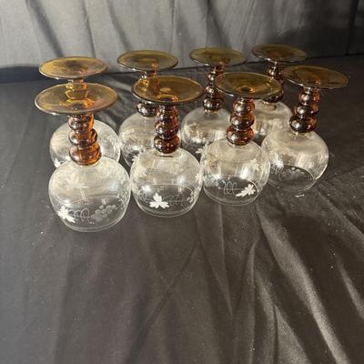 Eight Etched Goblets with Amber Bases (LR-MG)