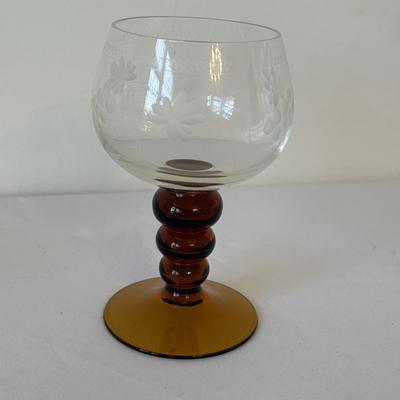 Eight Etched Goblets with Amber Bases (LR-MG)
