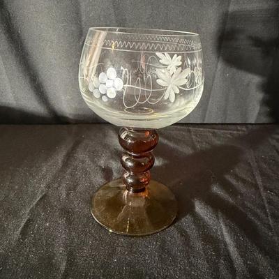 Eight Etched Goblets with Amber Bases (LR-MG)