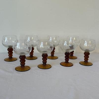 Eight Etched Goblets with Amber Bases (LR-MG)