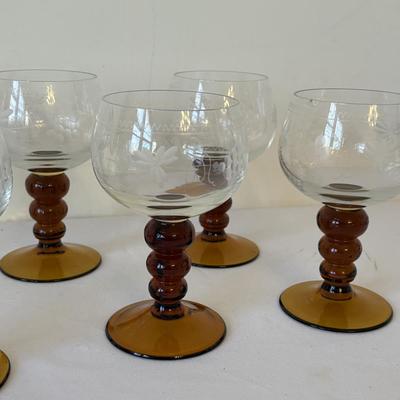 Eight Etched Goblets with Amber Bases (LR-MG)
