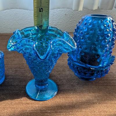 Three blue hobnail pieces