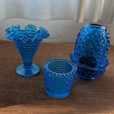 Three blue hobnail pieces