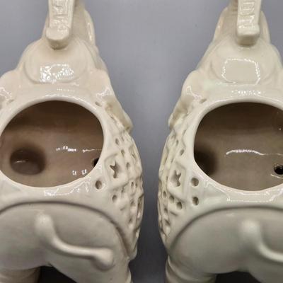 LOT 41: Two White Elephant Ceramic Tea Light Candle Holders, Carved Wooden Elephant, Feng Shui Elephant, and Hamilton Collection Elephant...