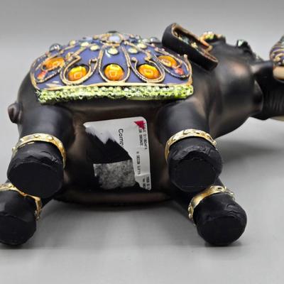 LOT 41: Two White Elephant Ceramic Tea Light Candle Holders, Carved Wooden Elephant, Feng Shui Elephant, and Hamilton Collection Elephant...