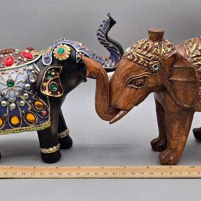 LOT 41: Two White Elephant Ceramic Tea Light Candle Holders, Carved Wooden Elephant, Feng Shui Elephant, and Hamilton Collection Elephant...