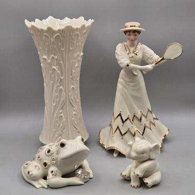 LOT 42: Lenox Victorian Lady of Fashions Tennis At Traymore, Baby Elephant, Prince of Jewels, and Woodland Collection Vase