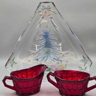 LOT 43: Four Marquis Waterford Crystal Goblets, Vintage Mikasa Festive Bells Frosted Glass Christmas Tree Shaped Tray, MCM Ruby Red...