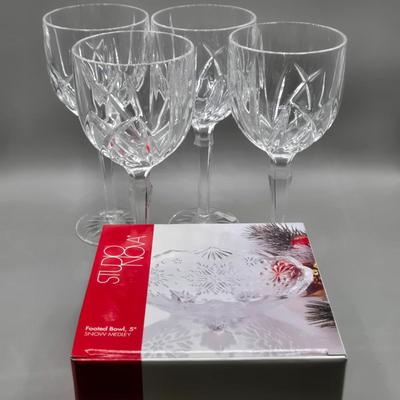 LOT 43: Four Marquis Waterford Crystal Goblets, Vintage Mikasa Festive Bells Frosted Glass Christmas Tree Shaped Tray, MCM Ruby Red...