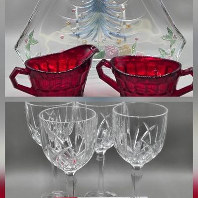 LOT 43: Four Marquis Waterford Crystal Goblets, Vintage Mikasa Festive Bells Frosted Glass Christmas Tree Shaped Tray, MCM Ruby Red...