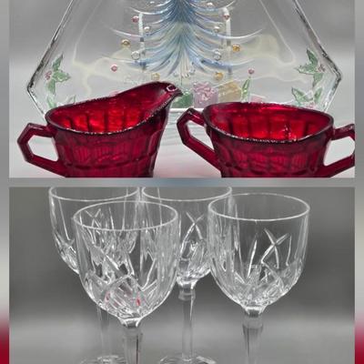 LOT 43: Four Marquis Waterford Crystal Goblets, Vintage Mikasa Festive Bells Frosted Glass Christmas Tree Shaped Tray, MCM Ruby Red...
