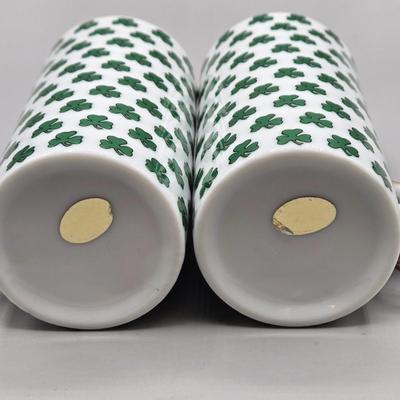 LOT 44: Vintage Carrigaline Pottery Irleand Shamrock Castle Salt & Pepper Shaker Set and Egg Holder, 2 Shamrock Green Clover Cafe...