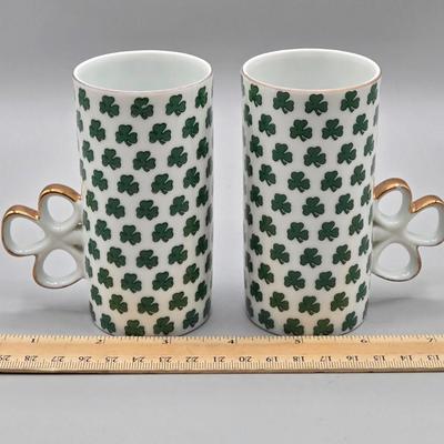 LOT 44: Vintage Carrigaline Pottery Irleand Shamrock Castle Salt & Pepper Shaker Set and Egg Holder, 2 Shamrock Green Clover Cafe...