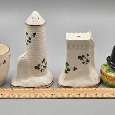 LOT 44: Vintage Carrigaline Pottery Irleand Shamrock Castle Salt & Pepper Shaker Set and Egg Holder, 2 Shamrock Green Clover Cafe...