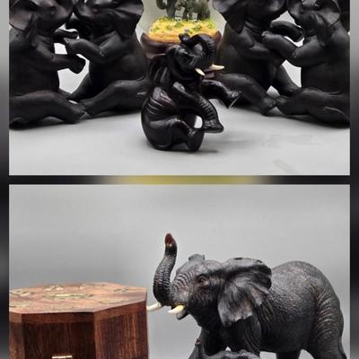 LOT 45: Vintage Iron Wood Elephant, San Francisco Music Box, Vintage Wood and Brass Elephant Coin Bank, and More