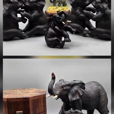 LOT 45: Vintage Iron Wood Elephant, San Francisco Music Box, Vintage Wood and Brass Elephant Coin Bank, and More