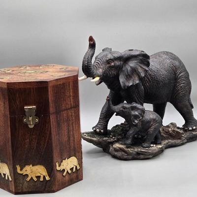 LOT 45: Vintage Iron Wood Elephant, San Francisco Music Box, Vintage Wood and Brass Elephant Coin Bank, and More