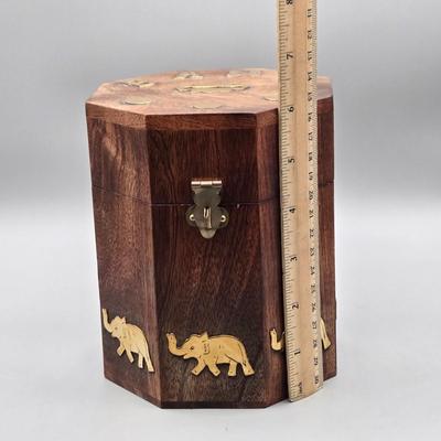 LOT 45: Vintage Iron Wood Elephant, San Francisco Music Box, Vintage Wood and Brass Elephant Coin Bank, and More