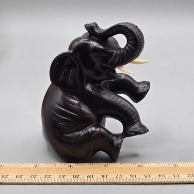 LOT 45: Vintage Iron Wood Elephant, San Francisco Music Box, Vintage Wood and Brass Elephant Coin Bank, and More