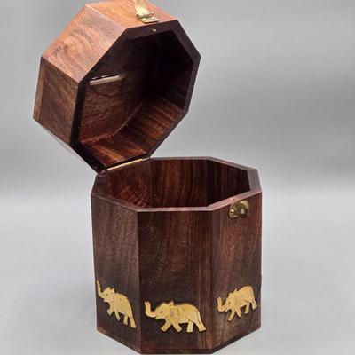 LOT 45: Vintage Iron Wood Elephant, San Francisco Music Box, Vintage Wood and Brass Elephant Coin Bank, and More