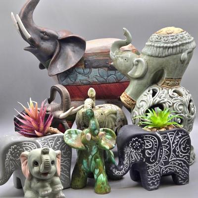 LOT 46: Ceramic Elephant Incense Holder, Vintage Colorful Elephant Figurine, 2 Ceramic Planters with Faux Succulents, and More