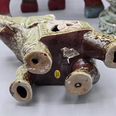 LOT 46: Ceramic Elephant Incense Holder, Vintage Colorful Elephant Figurine, 2 Ceramic Planters with Faux Succulents, and More
