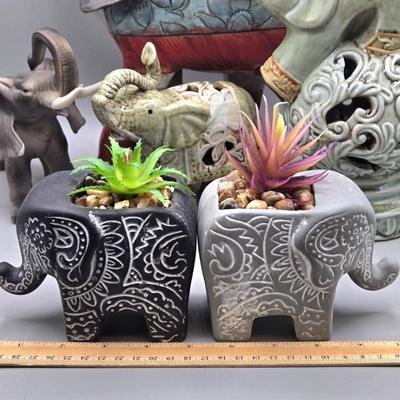 LOT 46: Ceramic Elephant Incense Holder, Vintage Colorful Elephant Figurine, 2 Ceramic Planters with Faux Succulents, and More
