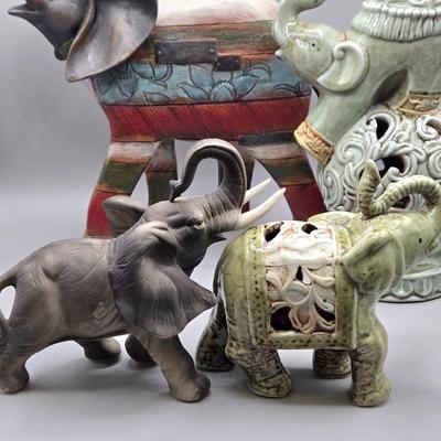 LOT 46: Ceramic Elephant Incense Holder, Vintage Colorful Elephant Figurine, 2 Ceramic Planters with Faux Succulents, and More