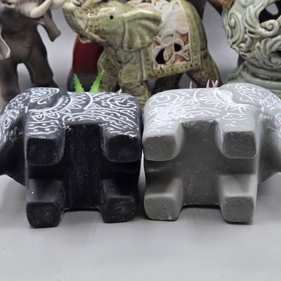 LOT 46: Ceramic Elephant Incense Holder, Vintage Colorful Elephant Figurine, 2 Ceramic Planters with Faux Succulents, and More