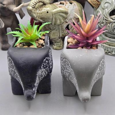 LOT 46: Ceramic Elephant Incense Holder, Vintage Colorful Elephant Figurine, 2 Ceramic Planters with Faux Succulents, and More