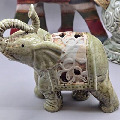 LOT 46: Ceramic Elephant Incense Holder, Vintage Colorful Elephant Figurine, 2 Ceramic Planters with Faux Succulents, and More