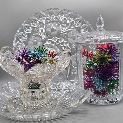 LOT 48: Vintage Biscuit Barrel Lead Crystal, Mikasa Park Lane Crystal Centerpiece Bowl, and More