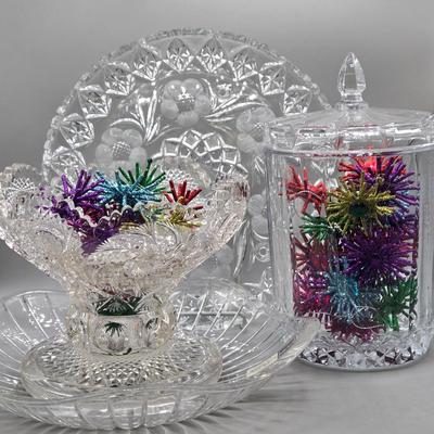 LOT 48: Vintage Biscuit Barrel Lead Crystal, Mikasa Park Lane Crystal Centerpiece Bowl, and More