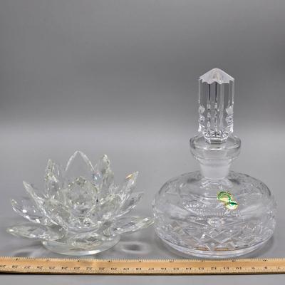 LOT 49: Vintage Porcelain Pitcher, Pair of Shannon Crystal Lotus Flower Candle Holders, and Waterford Crystal Perfume Bottle with...