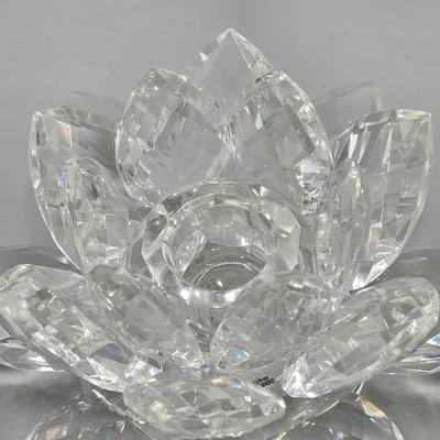 LOT 49: Vintage Porcelain Pitcher, Pair of Shannon Crystal Lotus Flower Candle Holders, and Waterford Crystal Perfume Bottle with...